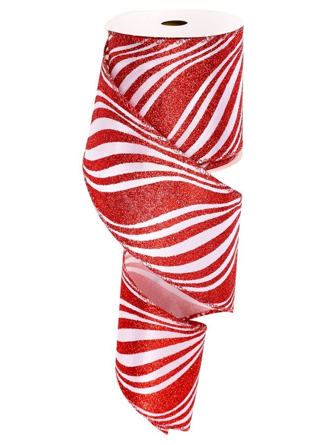 Whaline Christmas Glitter Candy Cane Ribbon White Red Stripe Wired Edge Ribbon 2.5 Inch Rustic Farmhouse Craft Ribbons for Xmas DIY Gift Wrapping Floral Arrangement Wreath Bow Decoration, 10 Yard - Image 1